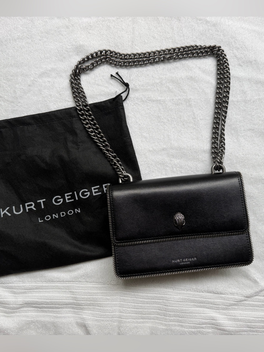 Kurt Geiger Black Leather Crossbody with Gunmetal Chain